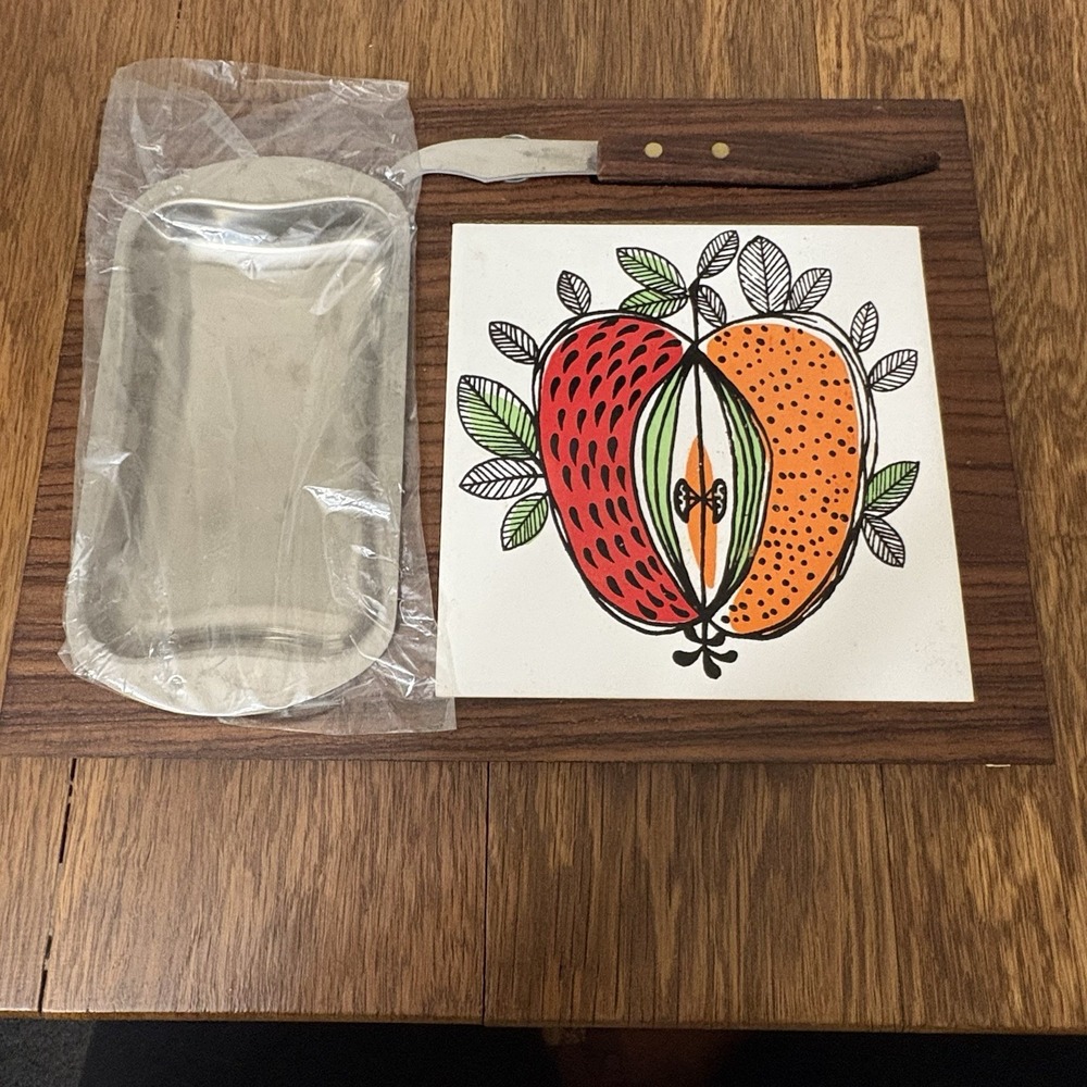 Vintage 1970s Wooden Cheese Board Set with Knife, Tray, and Porcelain Tile